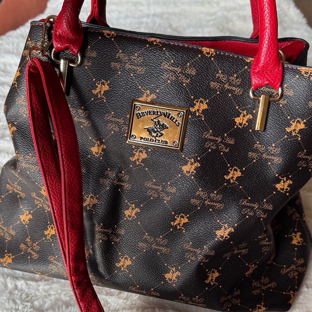 Beverly Hills Polo Club Black and Gold Shoulder Bag with Red Accents